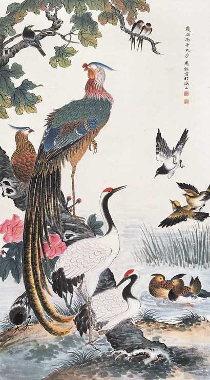 马骀 1936年作 百鸟朝凤 立轴